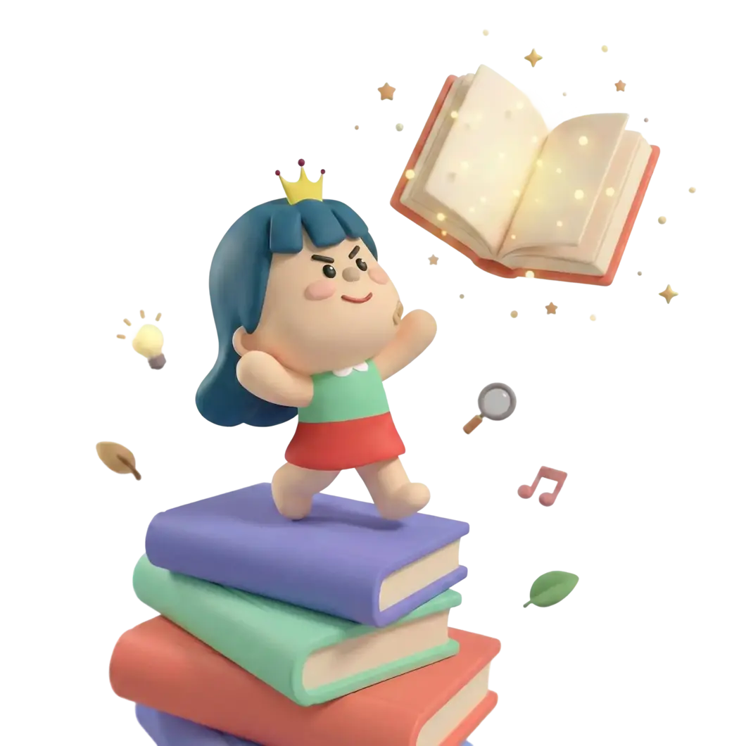 자발적 학습 - 책 위에서 빛나는 책을 향해 손을 뻗는 캐릭터