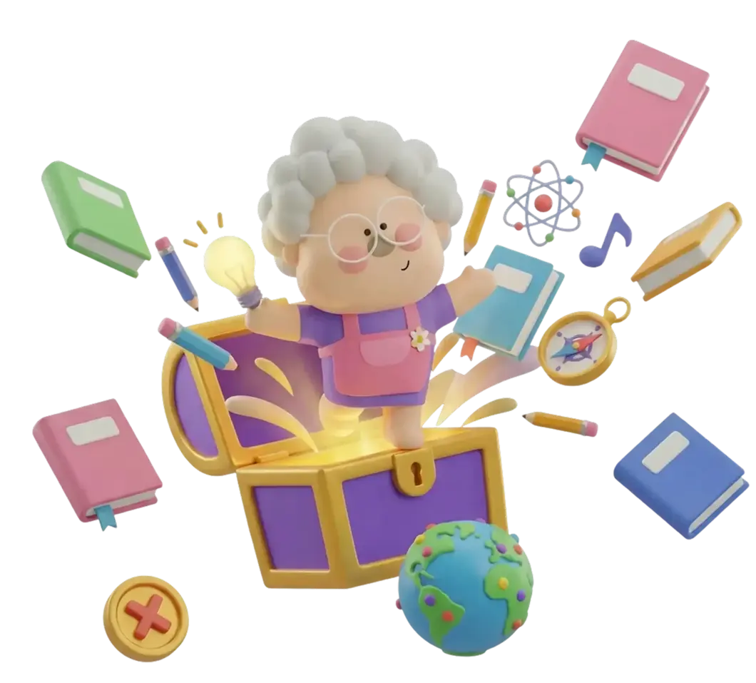 무료 교육 - 보물상자에서 지식을 나누는 캐릭터