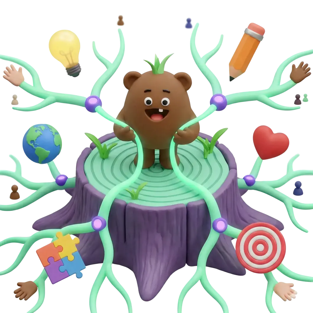 교육 변화 - 나무 그루터기 위에서 네트워크를 연결하는 캐릭터